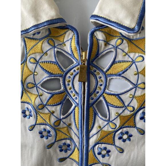 Bob Mackie Wearable Art Jacket 1X White Cut Out Embroidered Full Zip Blue Yellow - Picture 7 of 8